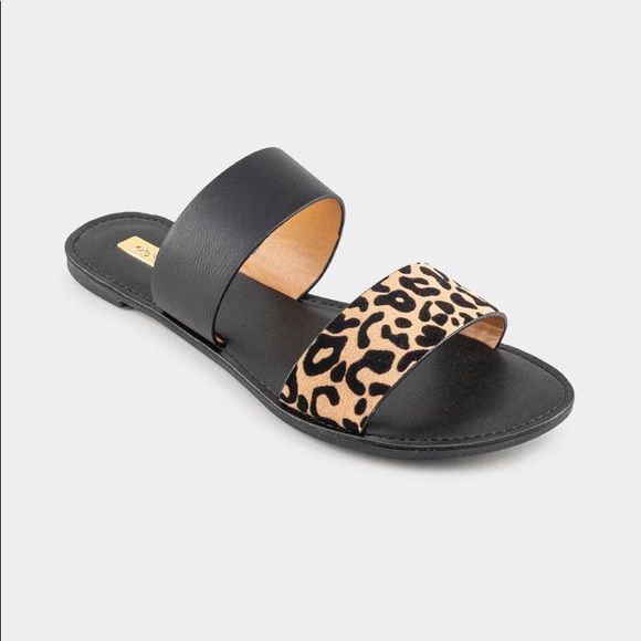 Black tab leopard double band slip on sandals - Picture 6 of 9